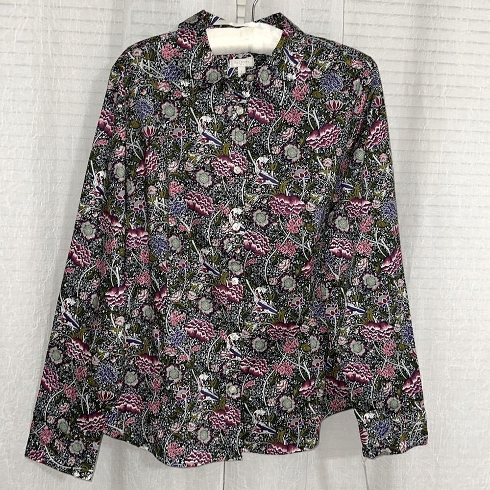 TALBOTS L Green Pink Purple Floral Long Sleeve Modern Classic Cotton Shirt